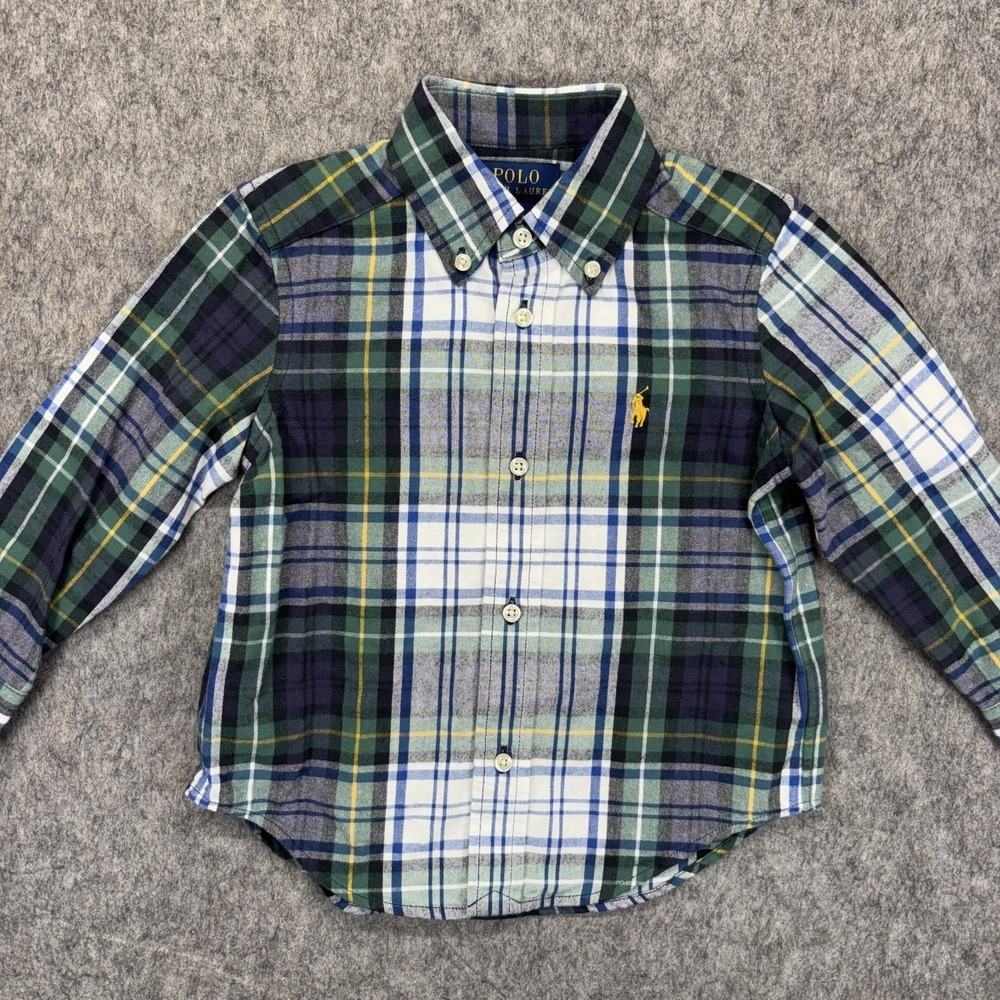 Polo Ralph Lauren Brushed Cotton Oxford Button Down Shirt Boy 2 Plaid Green Blue - Picture 2 of 7